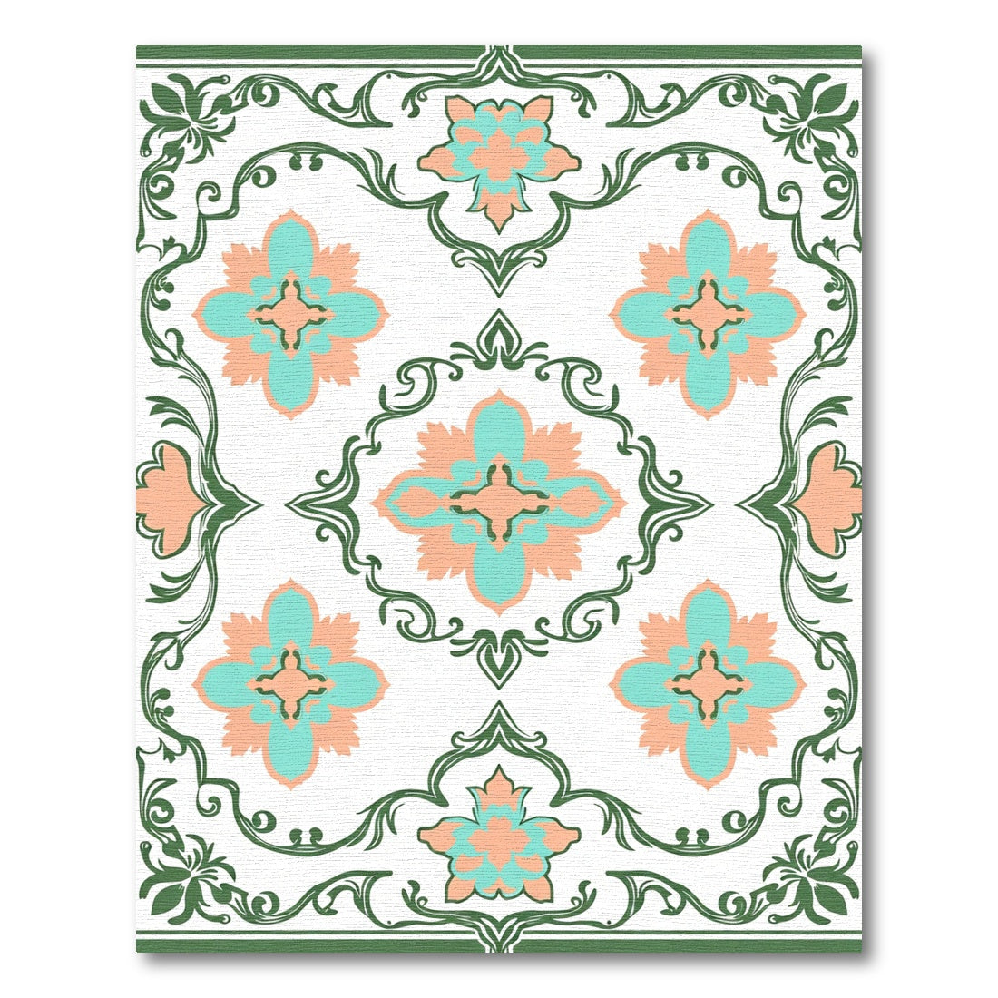 Salmon Teal Floral Scroll Border Rug