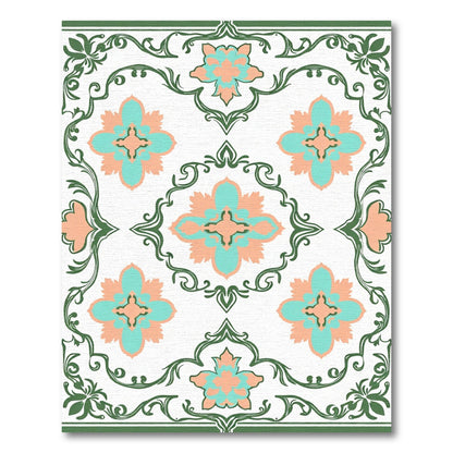 Salmon Teal Floral Scroll Border Rug