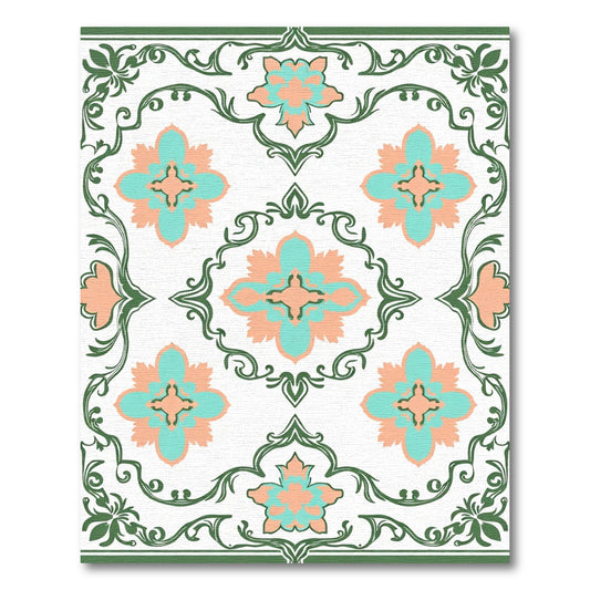 Salmon Teal Floral Scroll Border Rug