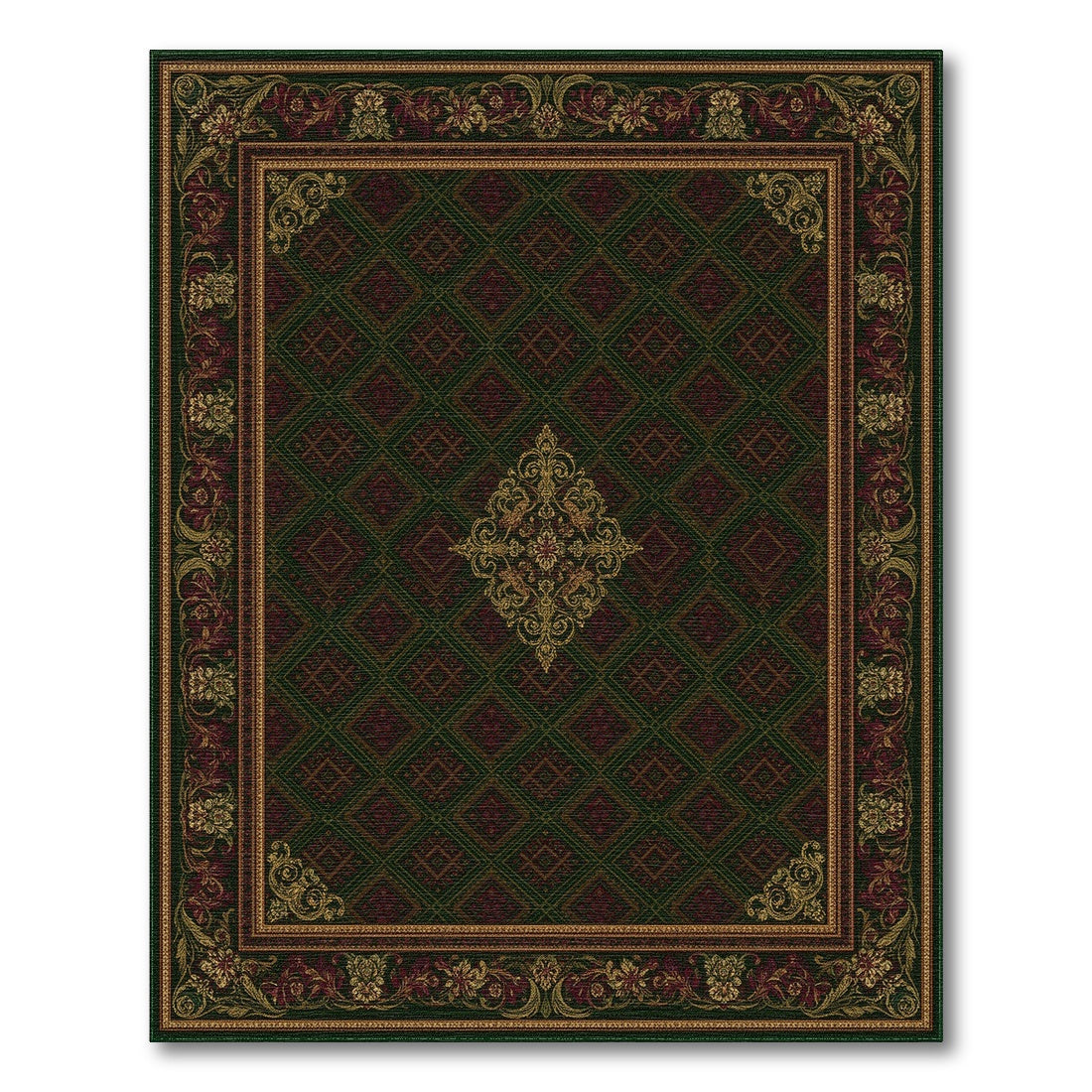 Dark Green Persian Rug with Gold Medallion Border