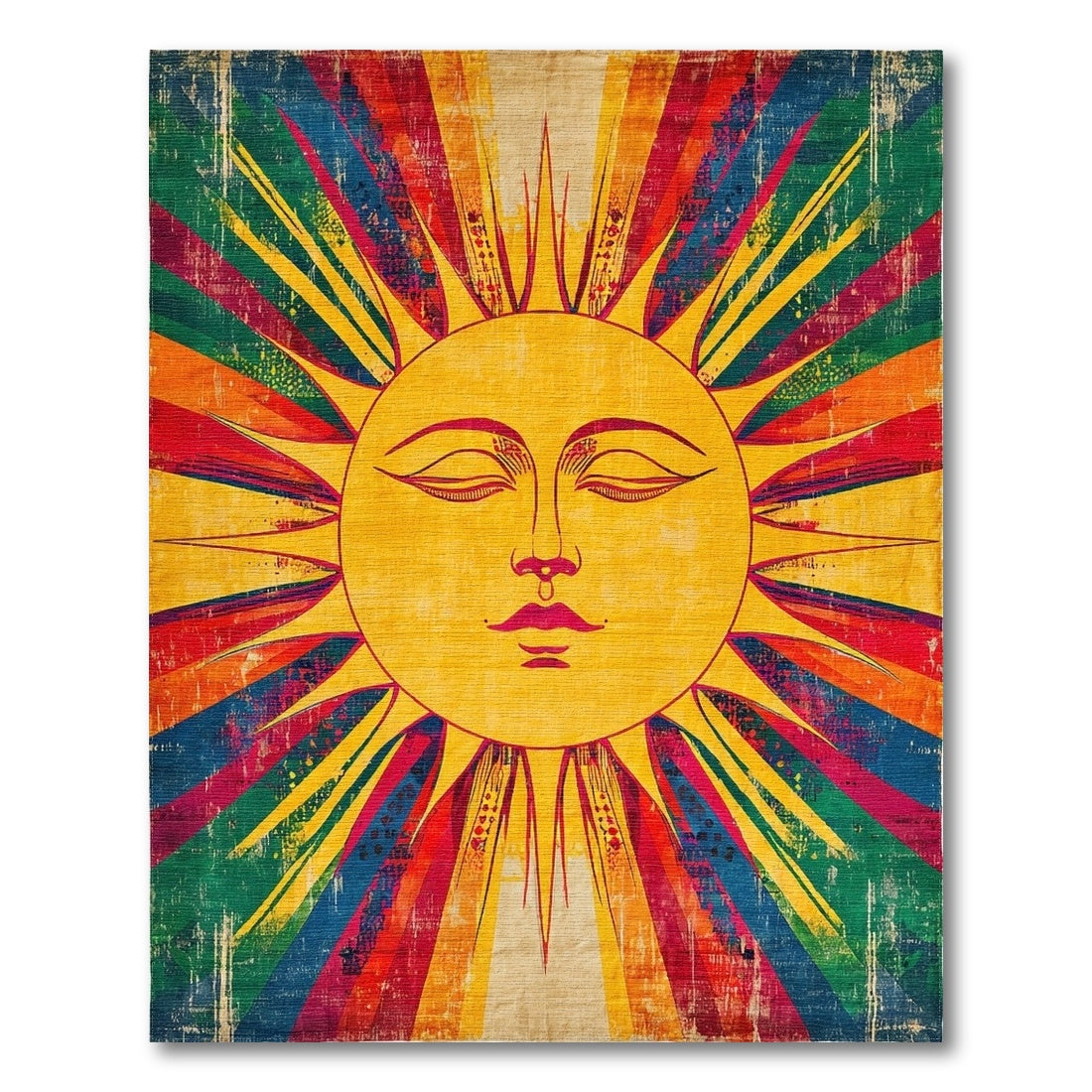Vibrant Sun Face Distressed Vintage Rug