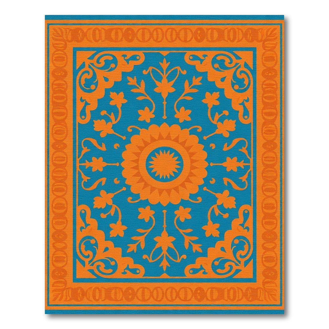 Orange Medallion Blue Scrollwork Rug