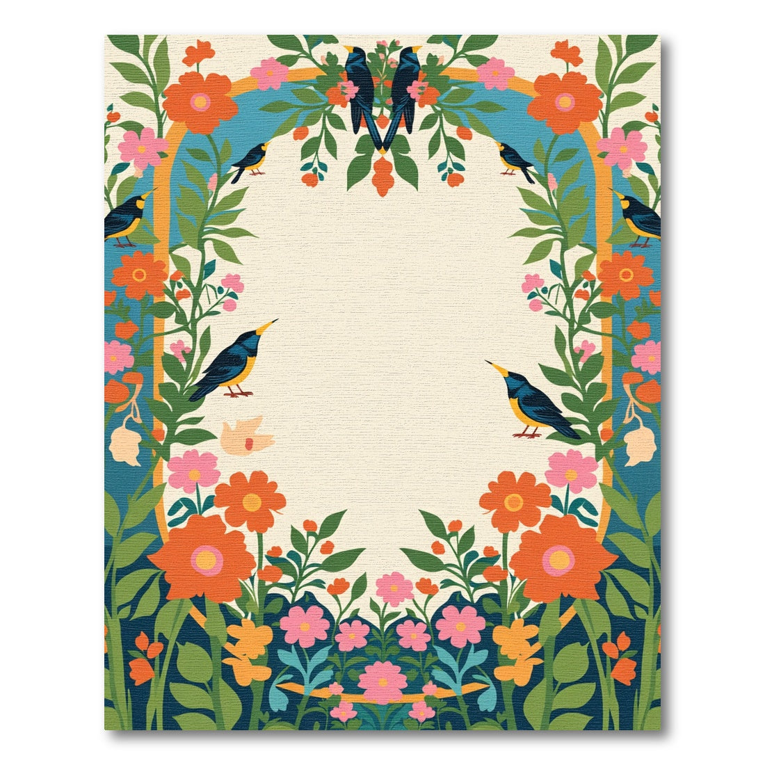 Orange Blue Floral Birds Arch Rug