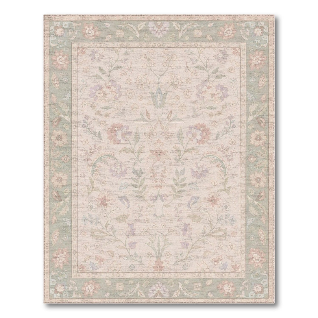 Beige Floral Vintage Area Rug with Sage Border