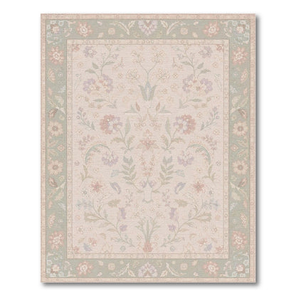 Beige Floral Vintage Area Rug with Sage Border