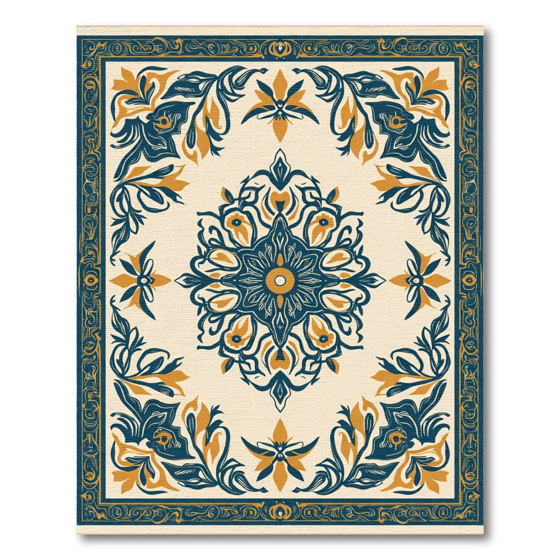 Navy Gold Floral Medallion Border Rug