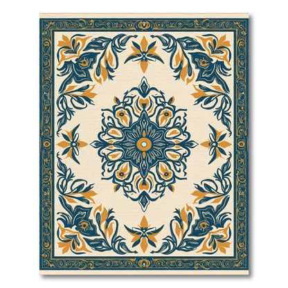 Navy Gold Floral Medallion Border Rug