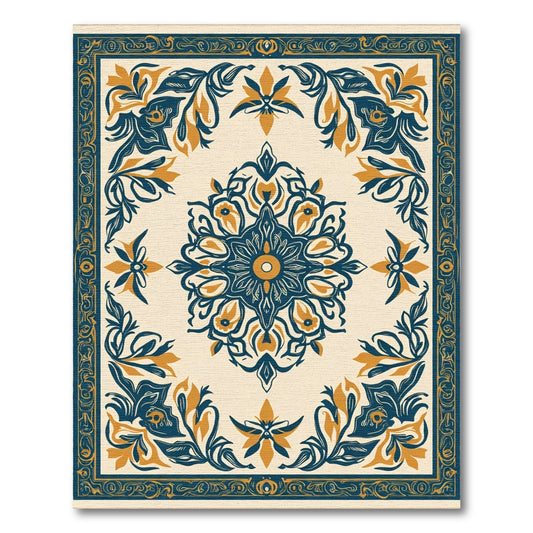 Navy Gold Floral Medallion Border Rug