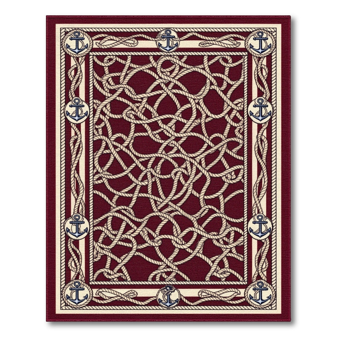 Coastal Beach Red Nautical Anchor Rope Area Rug