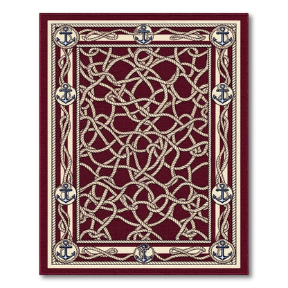 Coastal Beach Red Nautical Anchor Rope Area Rug
