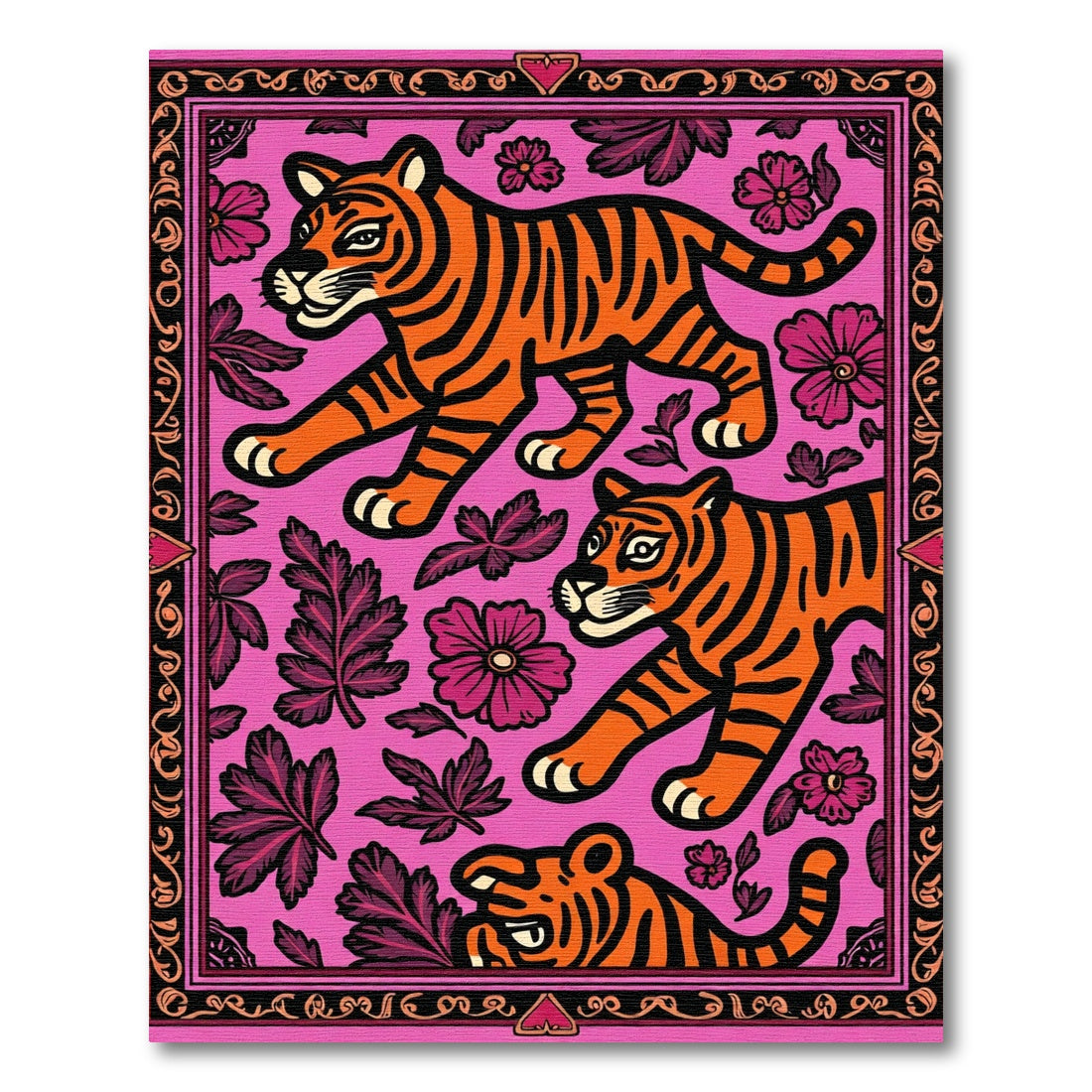 Vibrant Pink Tiger Floral Collection Rug