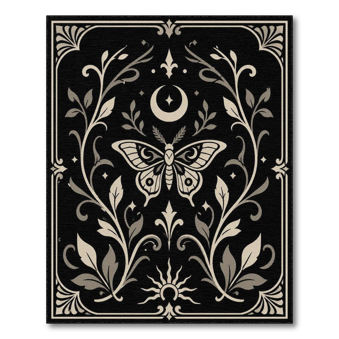 Moth Moon Floral Black White Area Rug