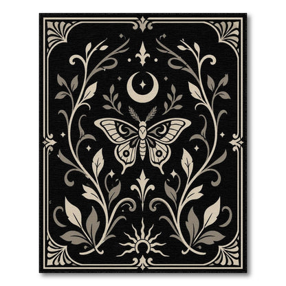 Moth Moon Floral Black White Area Rug