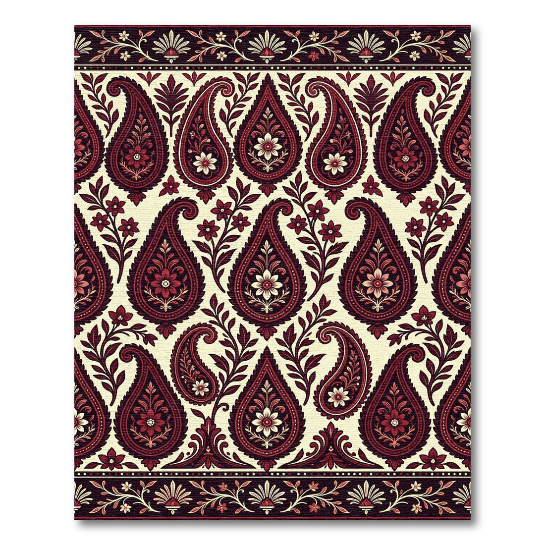 Rich Crimson Paisley Floral Border Rug