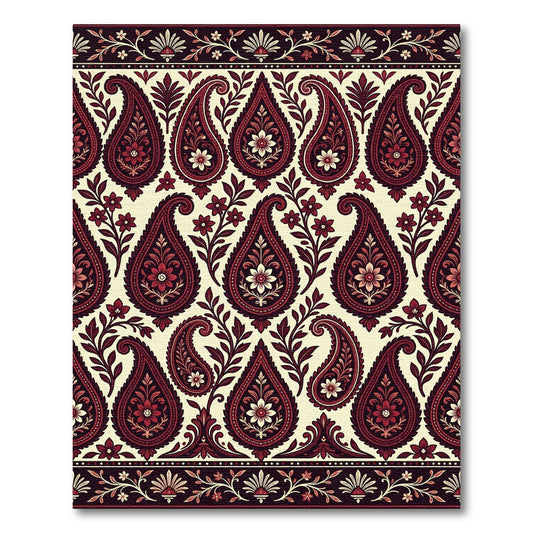 Rich Crimson Paisley Floral Border Rug