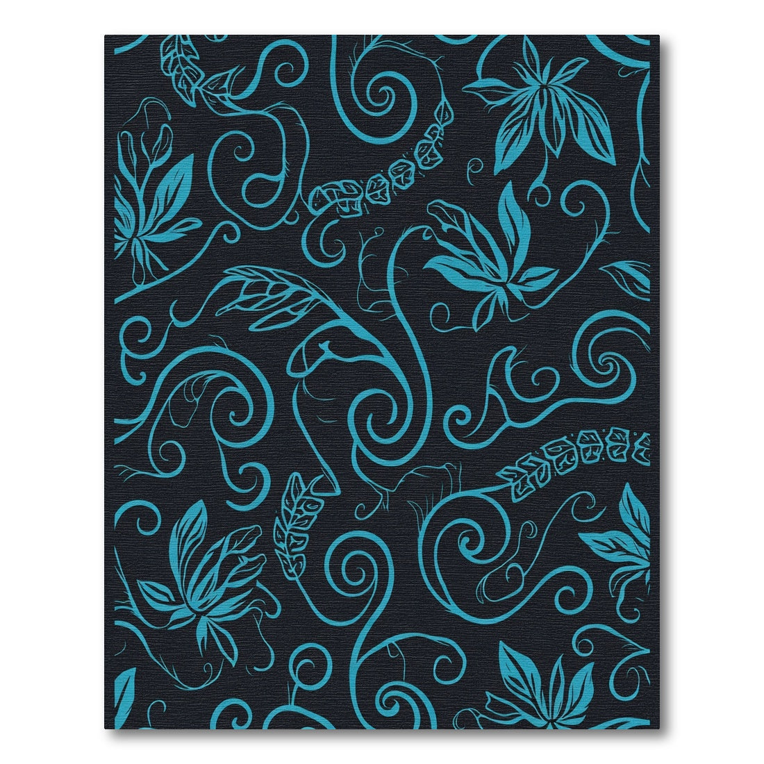 Cyan Floral Swirls on Black Rug