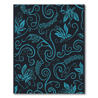 Cyan Floral Swirls on Black Rug