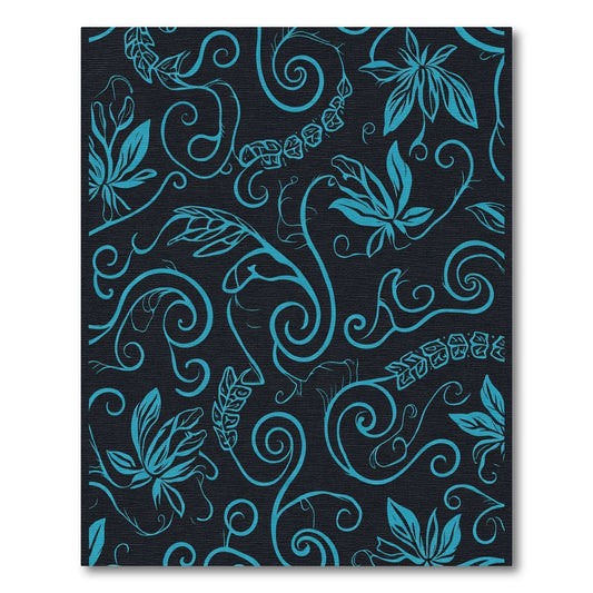 Cyan Floral Swirls on Black Rug