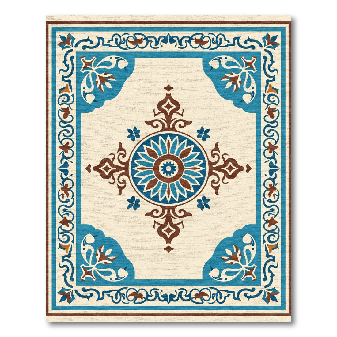Teal Brown Ivory Medallion Border Rug