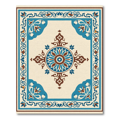 Teal Brown Ivory Medallion Border Rug