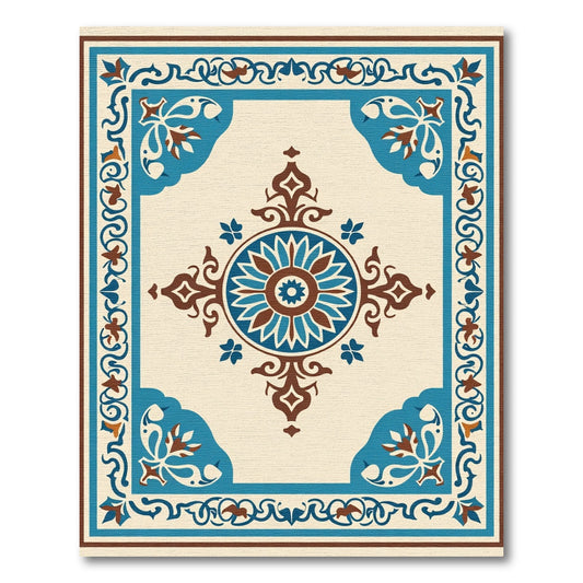 Teal Brown Ivory Medallion Border Rug