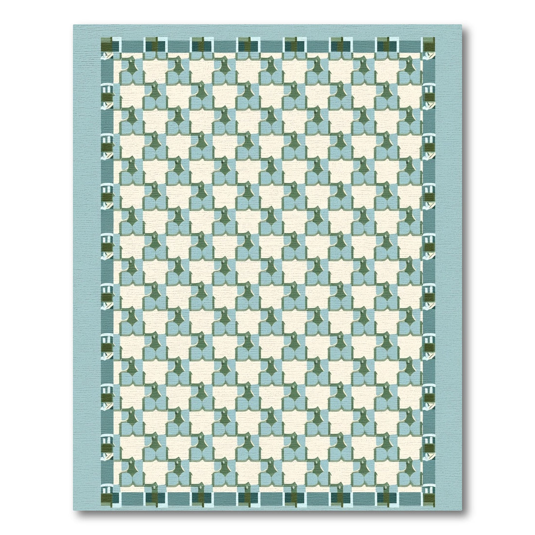 Geometric Cream Teal Interlocking Squares Rug