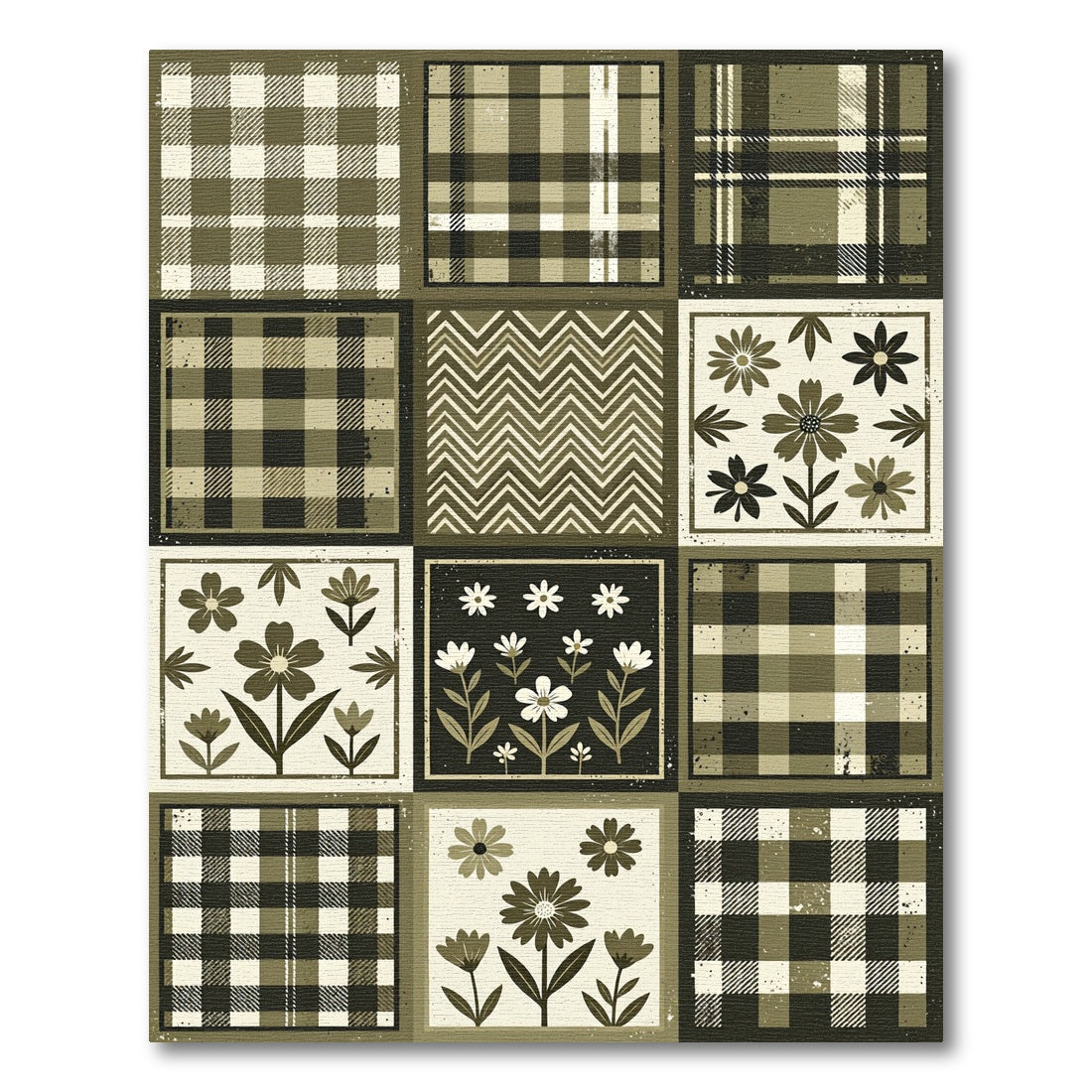 Olive Plaid Floral Patchwork Rug