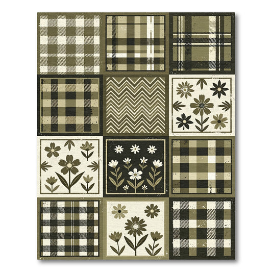 Olive Plaid Floral Patchwork Rug