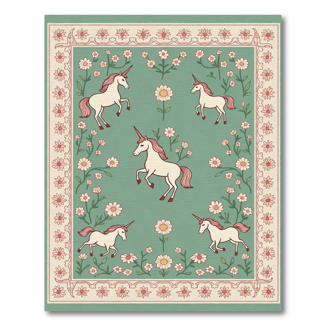 Whimsical Unicorn Meadow Floral Border Rug