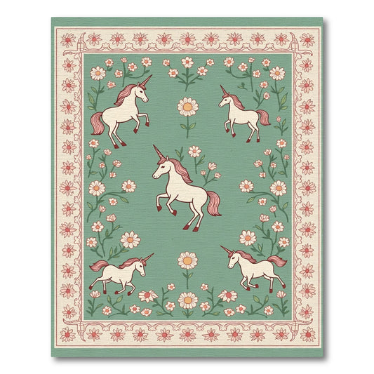 Whimsical Unicorn Meadow Floral Border Rug