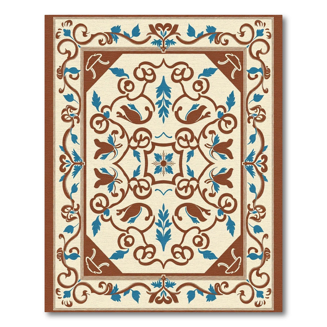 Brown Blue Floral Medallion Scrollwork Rug