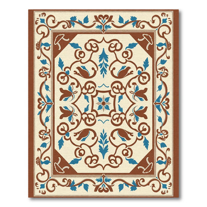 Brown Blue Floral Medallion Scrollwork Rug