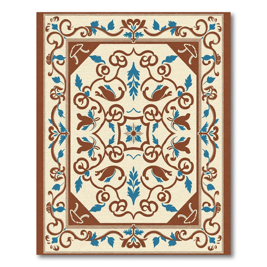 Brown Blue Floral Medallion Scrollwork Rug