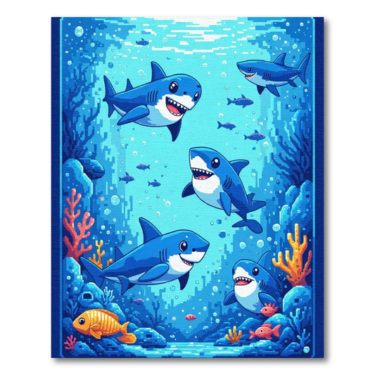 Charming Blue Sharks Underwater Collage Rug