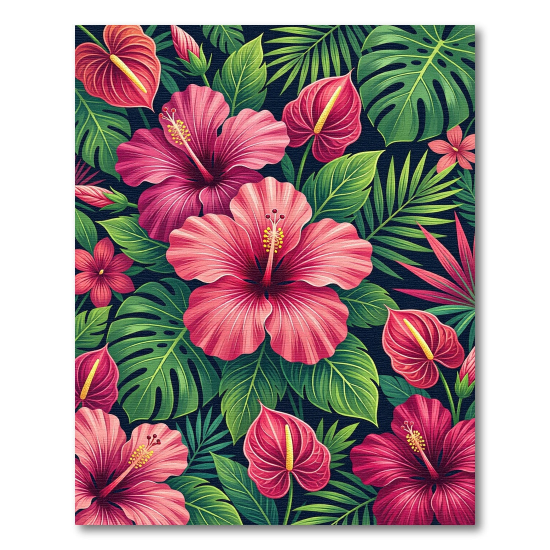 Vibrant Tropical Hibiscus Anthurium Foliage Rug