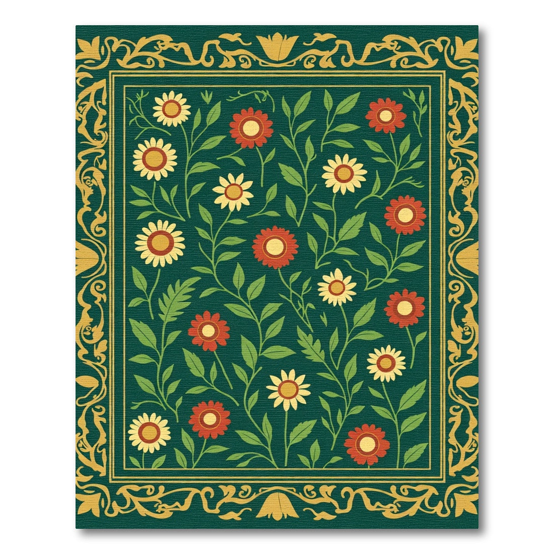 Dark Teal Floral Scroll Garden Rug