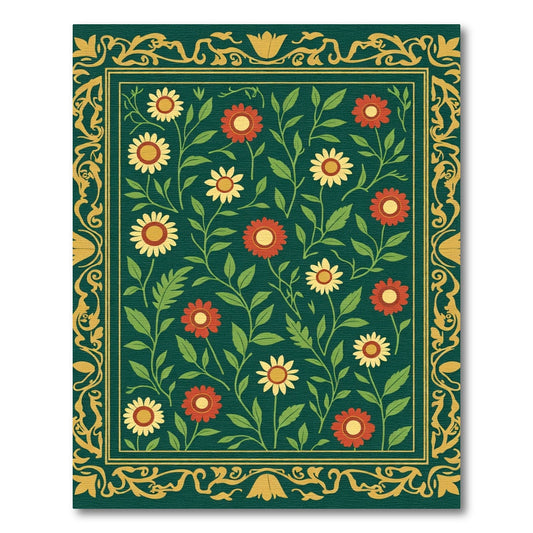 Dark Teal Floral Scroll Garden Rug