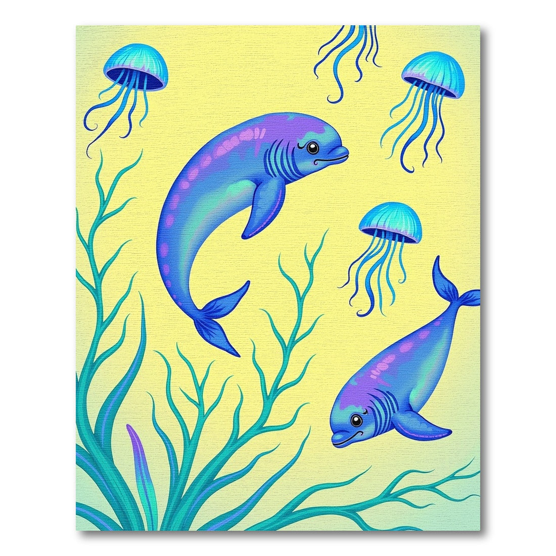 Whimsical Blue Dolphins Jellyfish Underwater Rug
