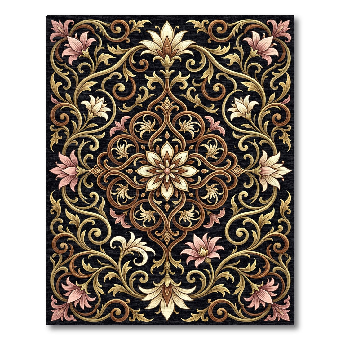 Ornate Black Pink Floral Scroll Rug