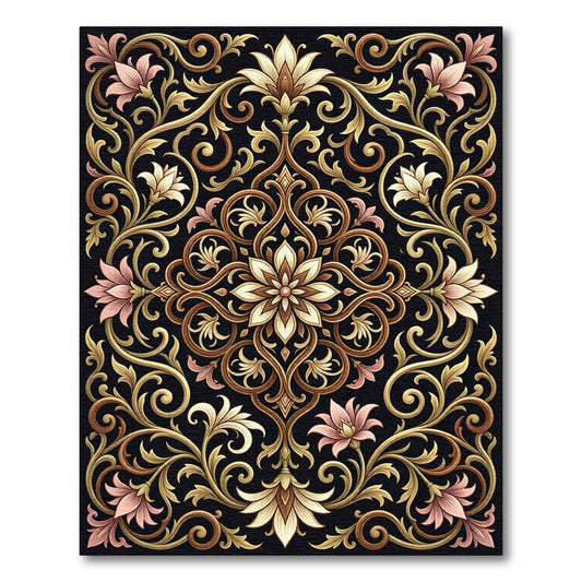 Ornate Black Pink Floral Scroll Rug