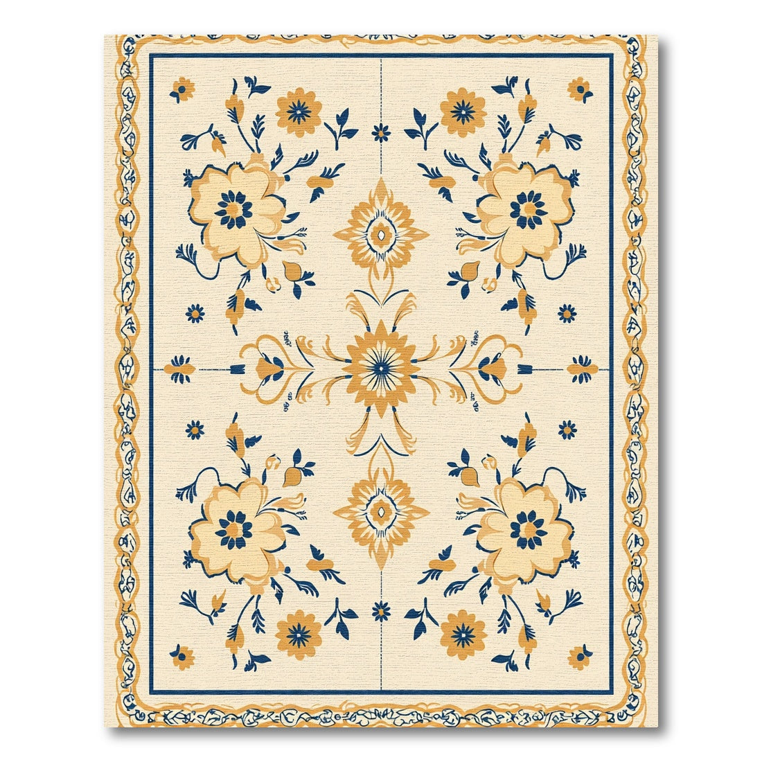 Beige Floral Medallion Navy Accent Rug
