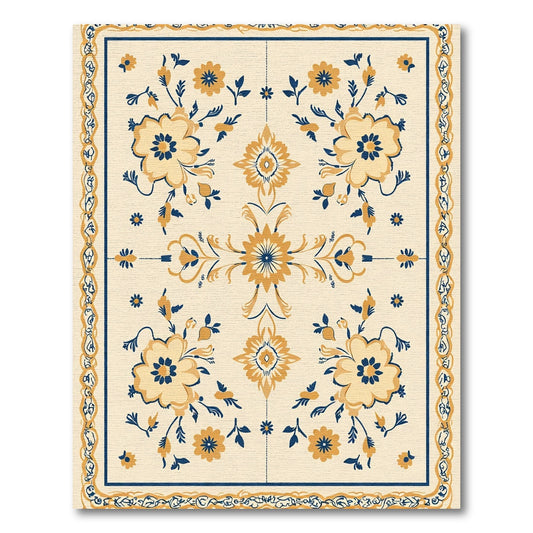 Beige Floral Medallion Navy Accent Rug