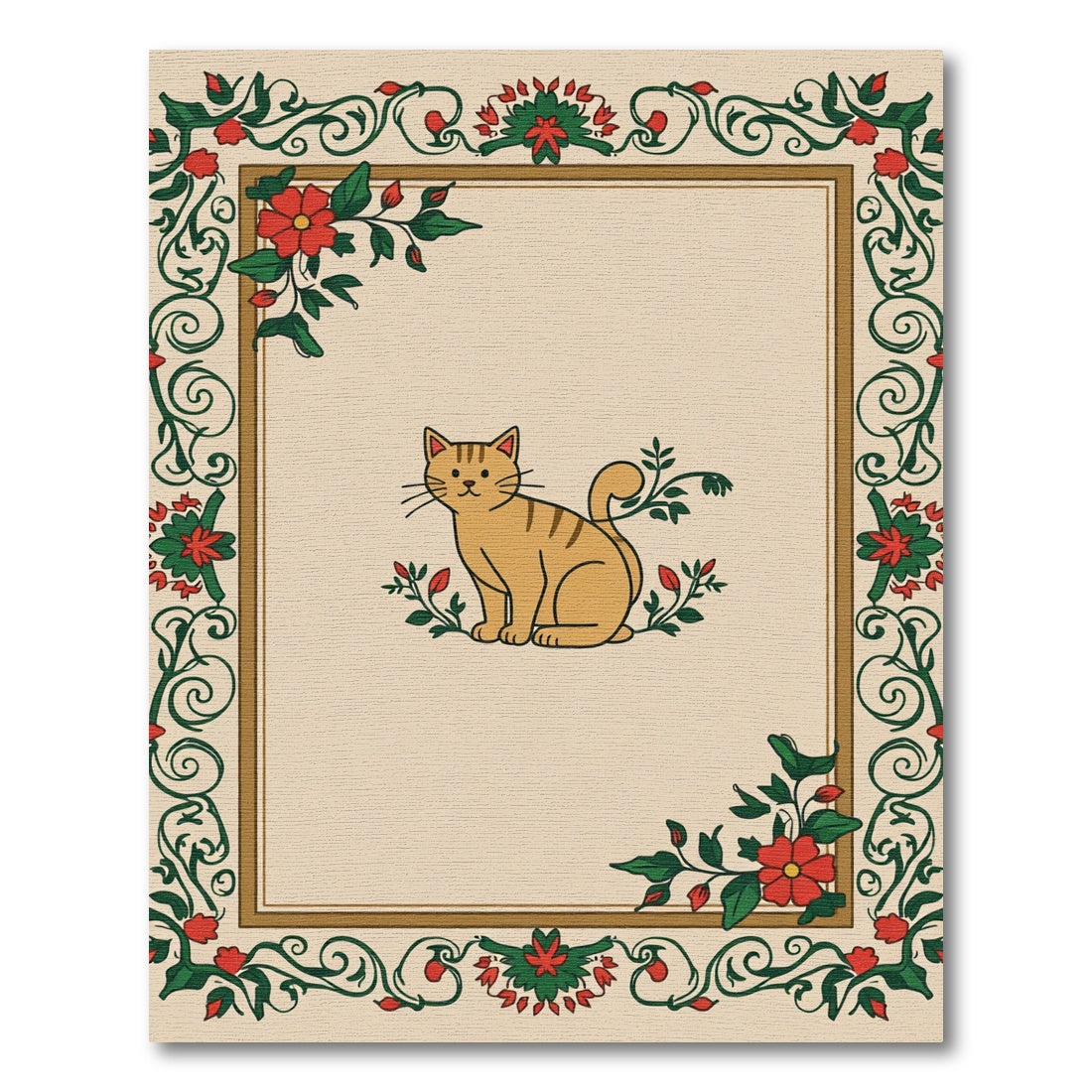 Whimsical Orange Tabby Cat Floral Border Rug