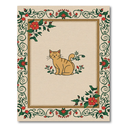 Whimsical Orange Tabby Cat Floral Border Rug