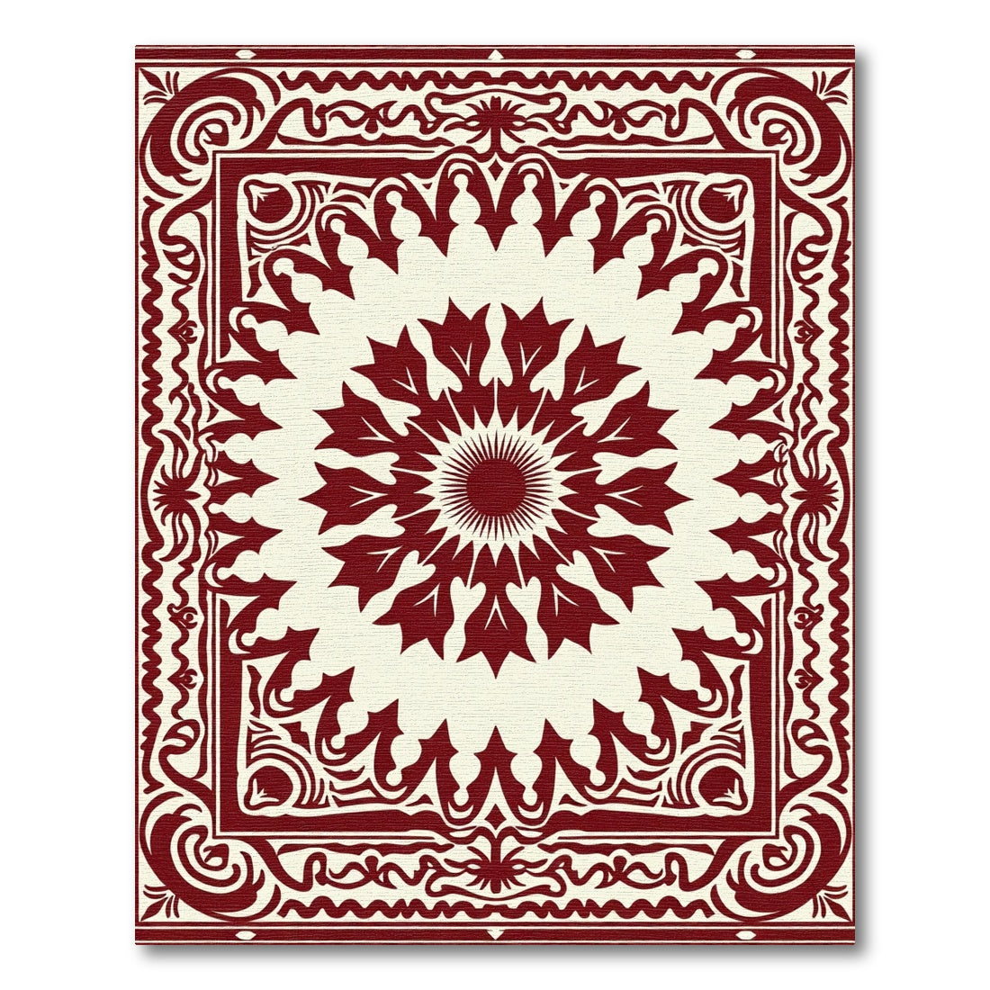 Crimson Floral Sunburst Medallion Border Rug