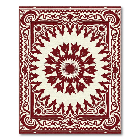 Crimson Floral Sunburst Medallion Border Rug