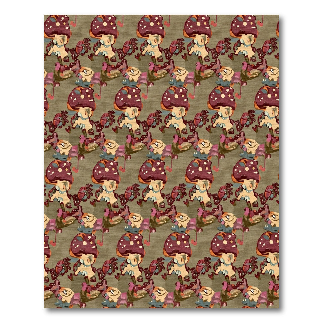 Whimsical Crimson Mushroom Forest Collage Rug