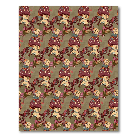 Whimsical Crimson Mushroom Forest Collage Rug