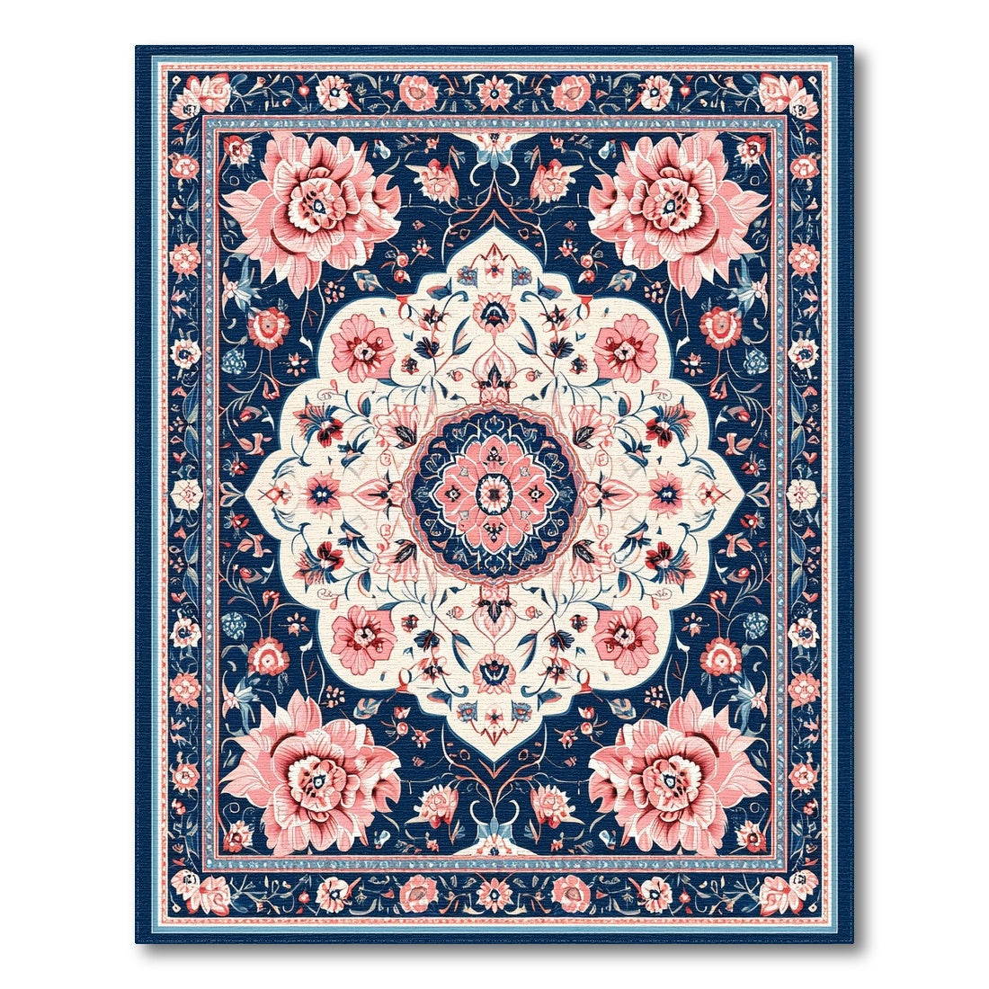 Navy Blue Pink Floral Medallion Area Rug