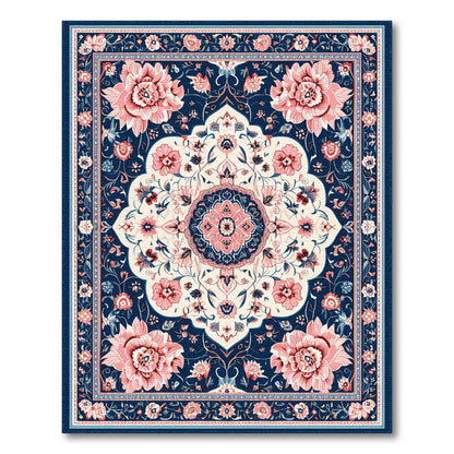 Navy Blue Pink Floral Medallion Area Rug